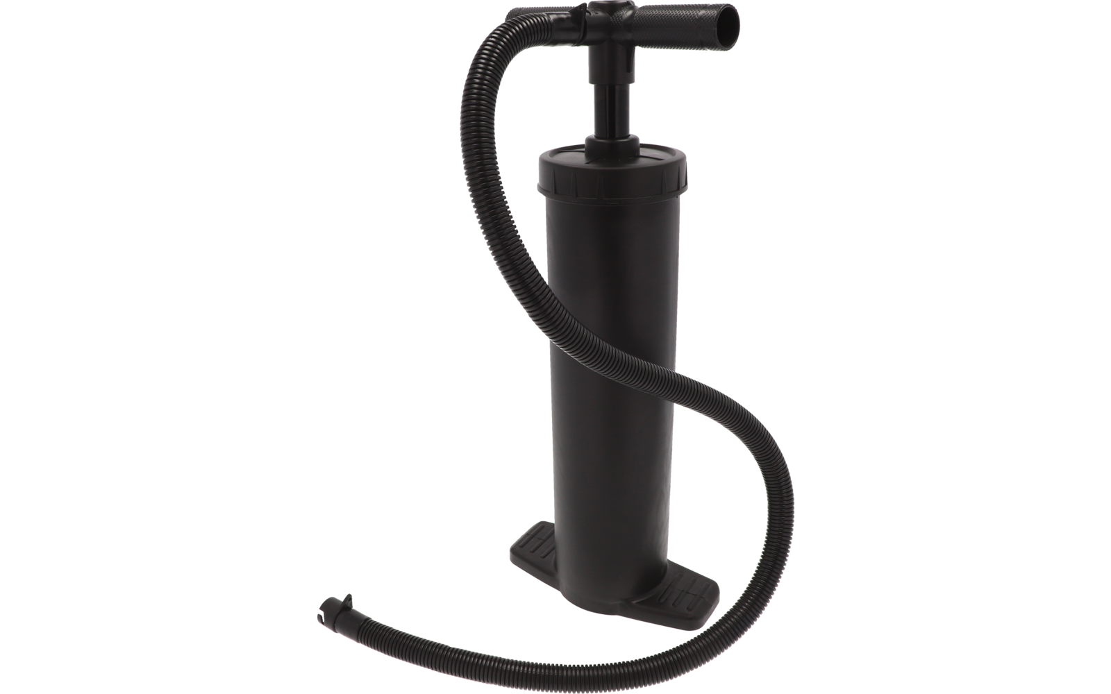 Schwarzer zylindrischer Behälter mit T-förmigem Griff oben, flexiblem Schlauch mit kleinem Aufsatz am Ende und zwei flachen Standplatten am Boden
