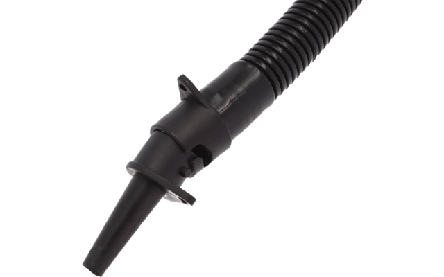 Schwarzes Kunststoffrohr mit geriffeltem, flexiblem Schlauchansatz und spitz zulaufender Spitze auf weißem Hintergrund