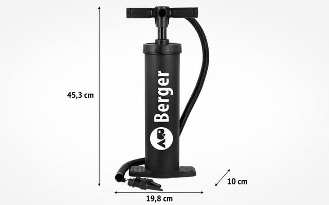 Schwarze Standpumpe mit T-Griff, Schlauch und Fußplatte; weißes Berger-Logo; Maße 45,3 cm × 19,8 cm × 10 cm