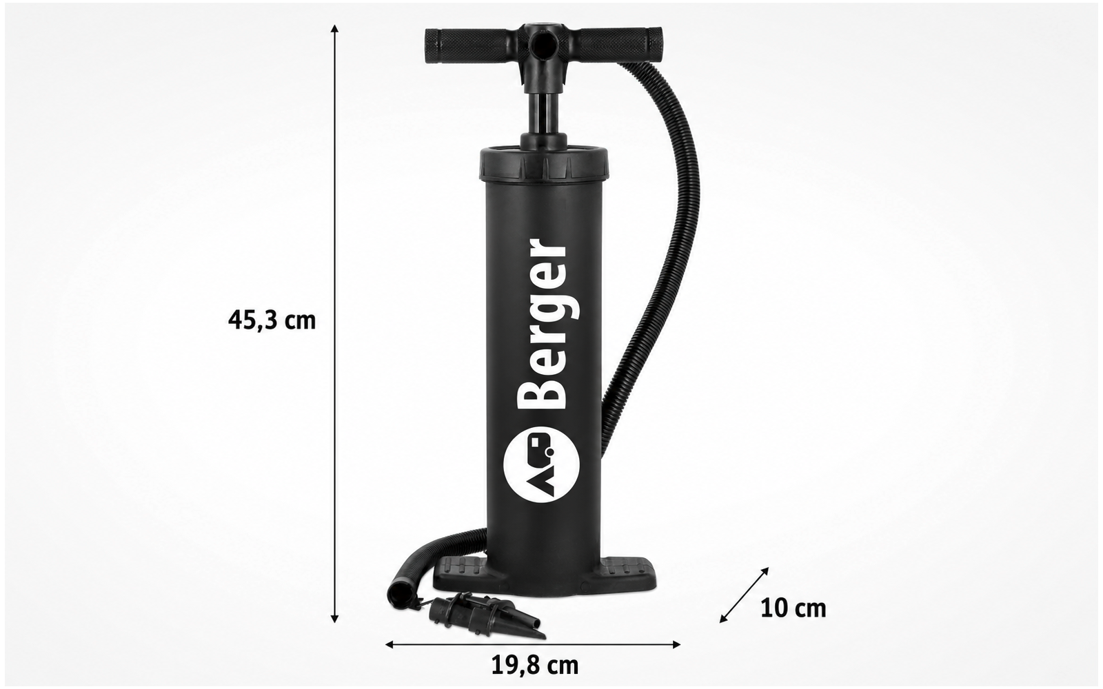 Schwarze Standpumpe mit T-Griff, Schlauch und Fußplatte; weißes Berger-Logo; Maße 45,3 cm × 19,8 cm × 10 cm