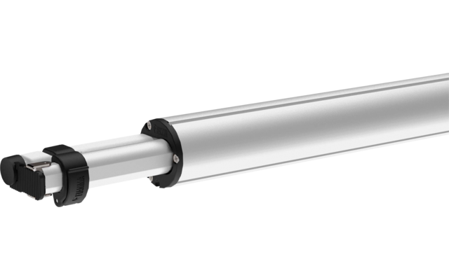 Silberne zylindrische Metallhülse mit herausragendem inneren Metallrohr und schwarzen Kunststoffendstücken