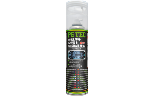 Spraydose mit weißer Kappe, grün-schwarzem Etikett mit Text 'PETEC Hohlraum-Schutz & Konservierung Translucent' und kleinen technischen Grafiken