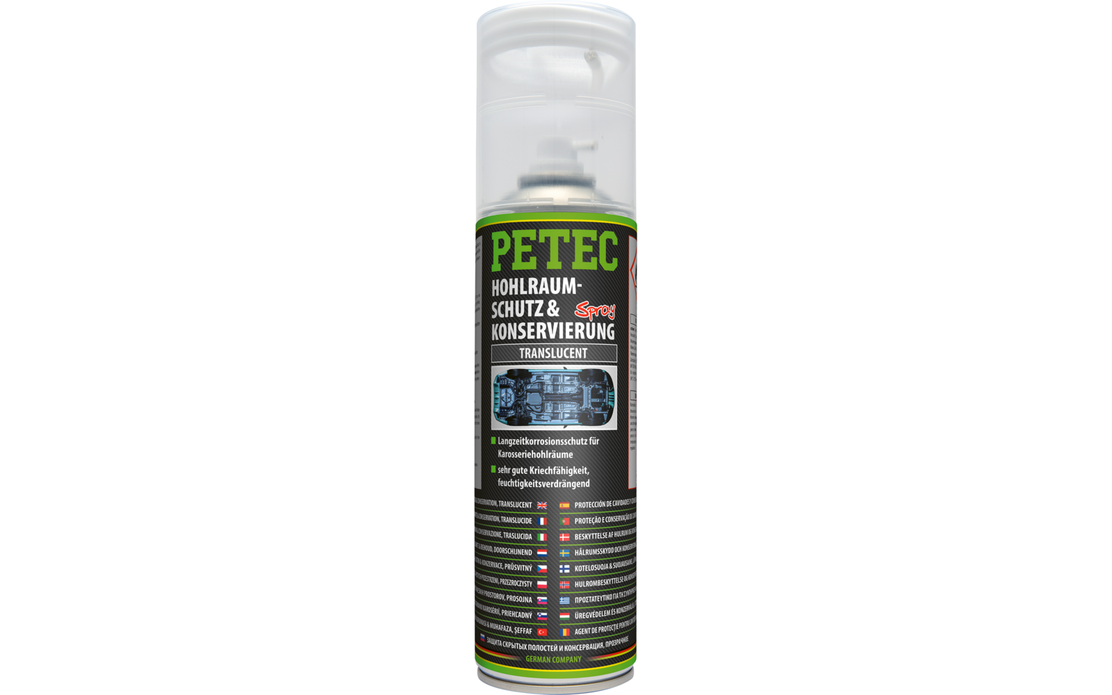 Spraydose mit weißer Kappe, grün-schwarzem Etikett mit Text 'PETEC Hohlraum-Schutz & Konservierung Translucent' und kleinen technischen Grafiken