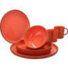 Rotes Geschirr: zwei Tassen, gestapelte Teller und eine Schale