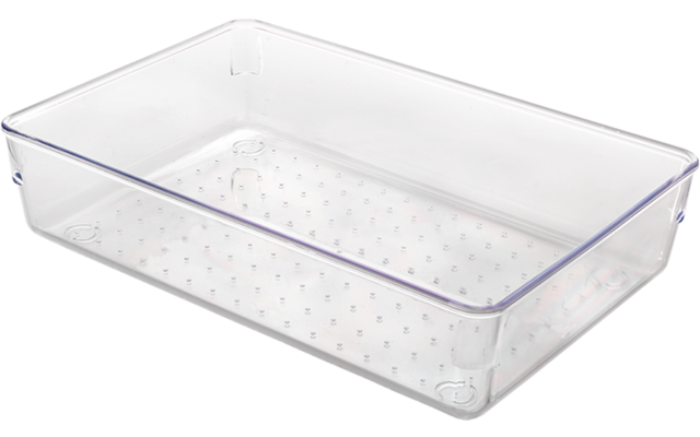 Transparente rechteckige Kunststoffbox mit kleinen Löchern im Boden