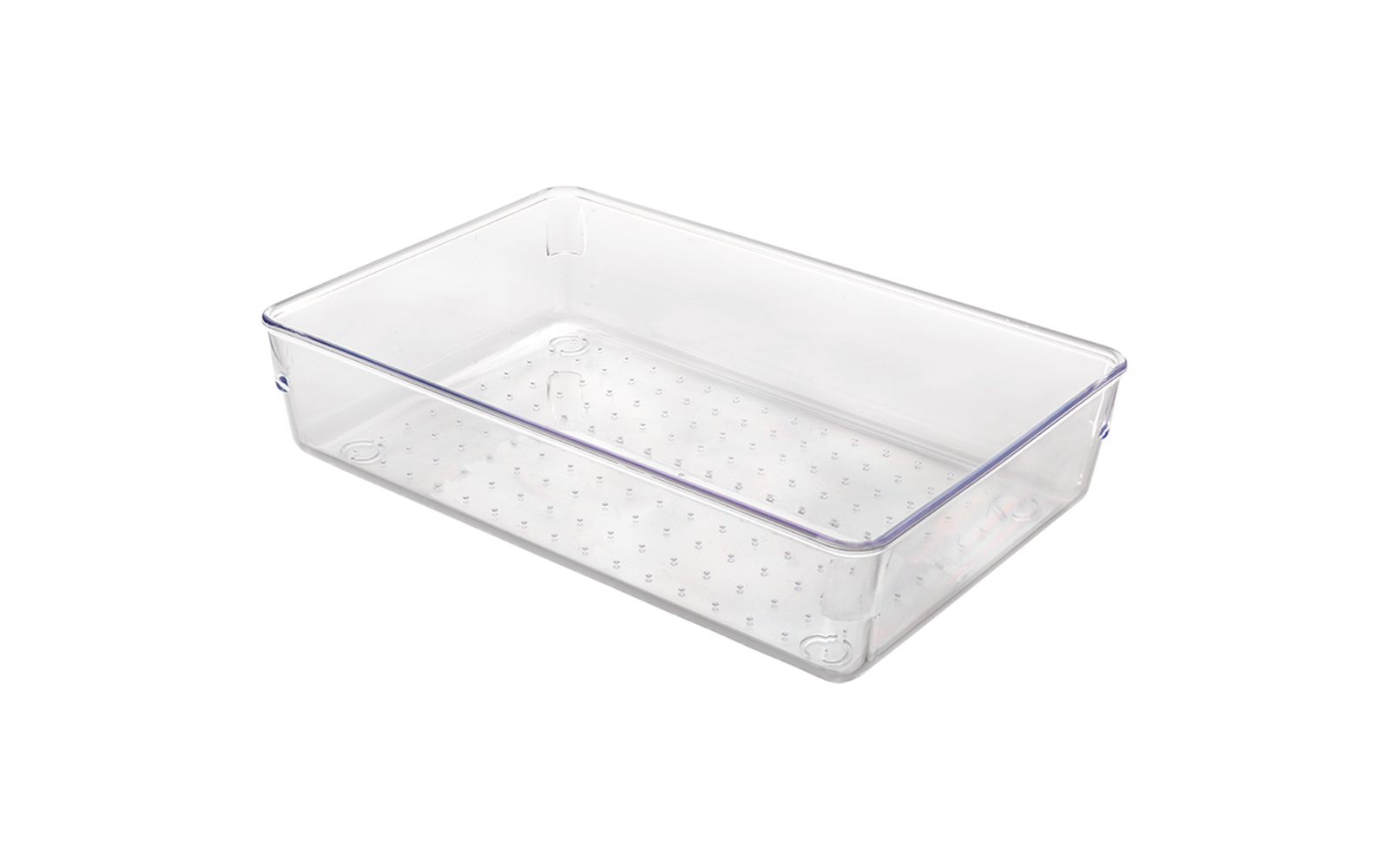 Transparente rechteckige Kunststoffbox mit kleinen Löchern im Boden