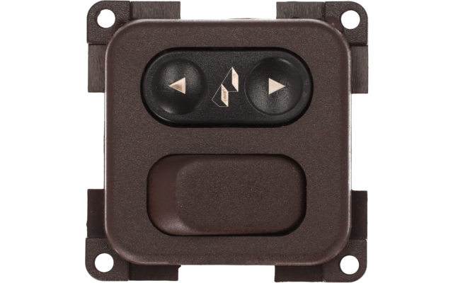 Bruine schakelaar met drie knoppen, twee boven met pijlen, één grote onderaan