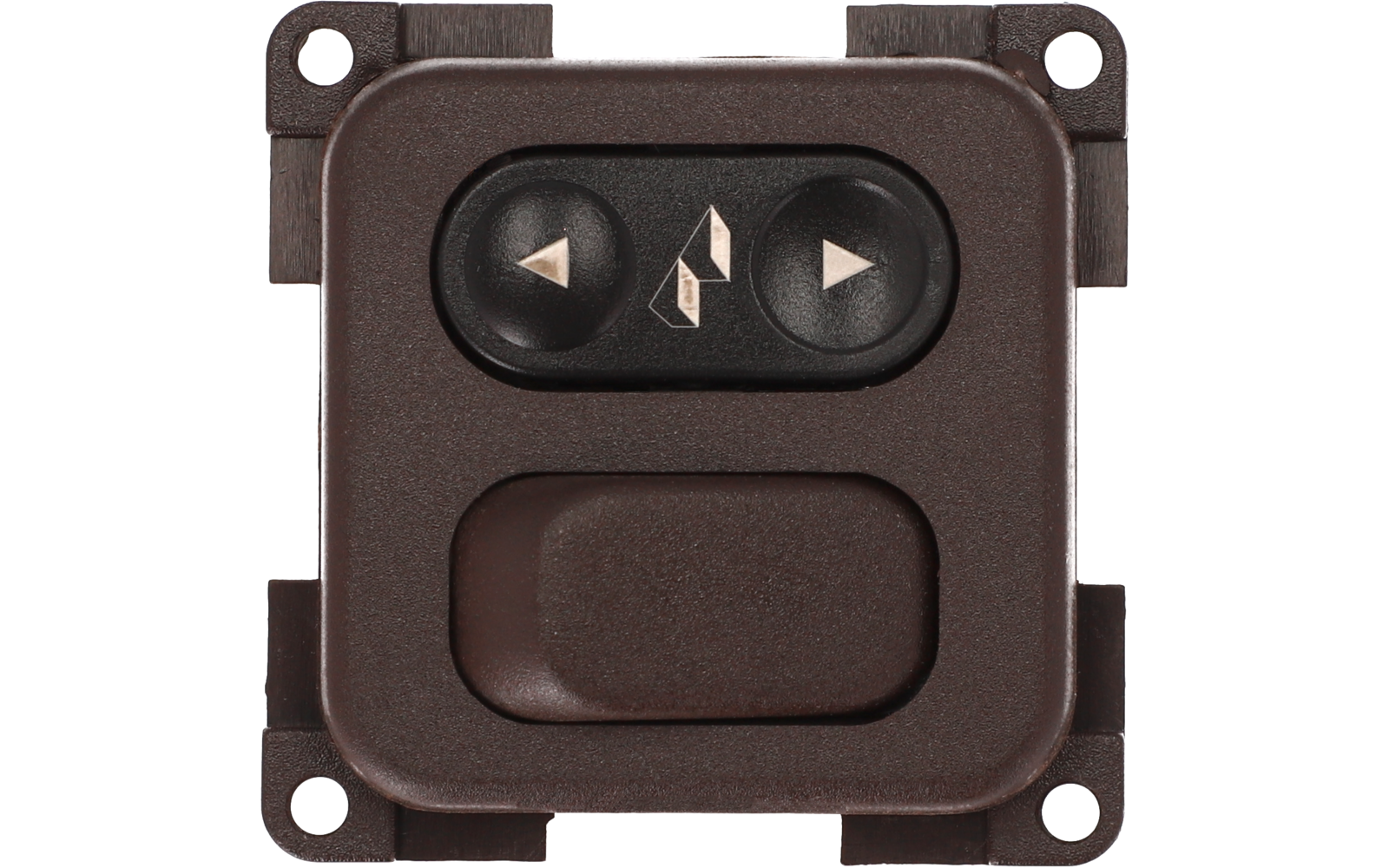 Bruine schakelaar met drie knoppen, twee boven met pijlen, één grote onderaan