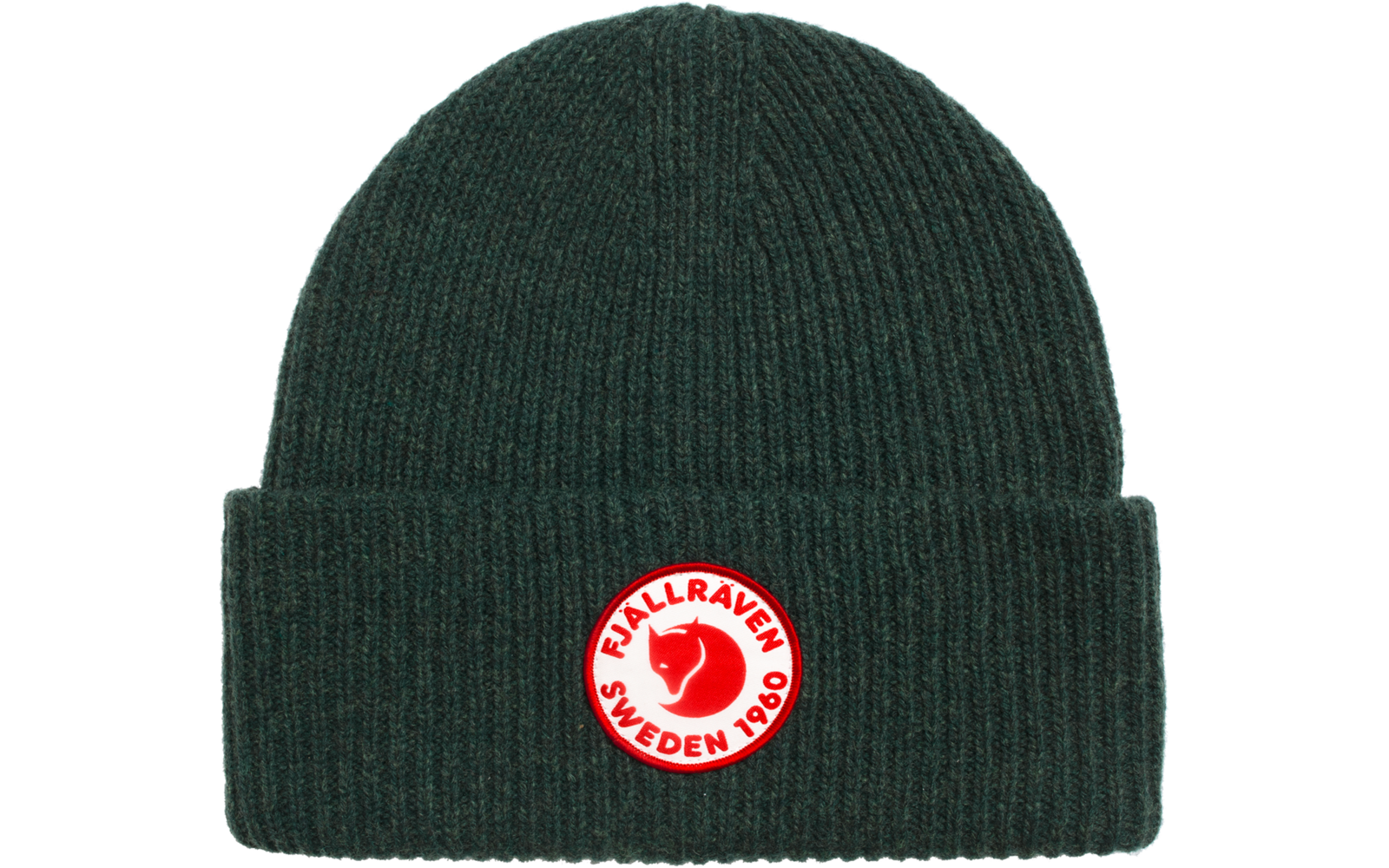 Dunkelgrüne Strickmütze mit rotem und weißem Logo