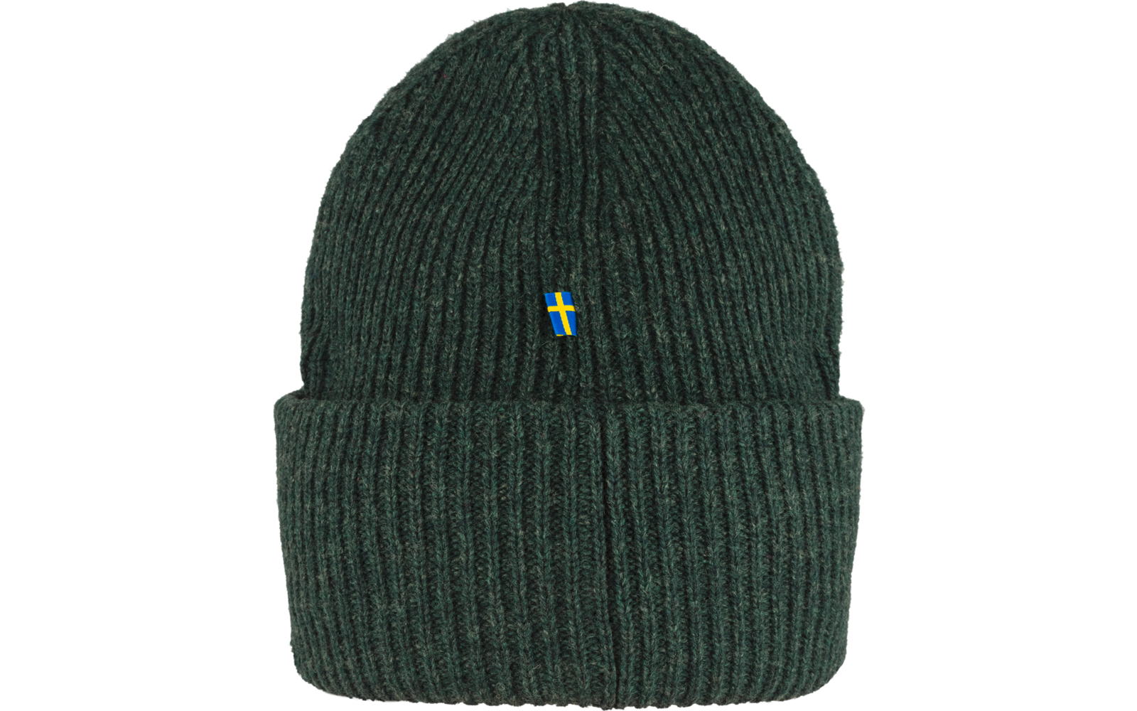 Dunkelgrüne gestrickte Mütze mit kleinen blauen und gelben Stickereien vorne