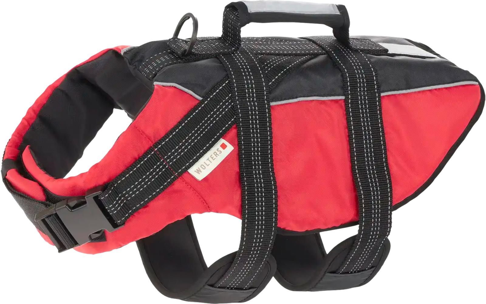 Rotes und schwarzes Hundegeschirr mit Griff