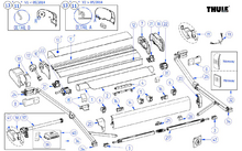 Explosionszeichnung eines Thule-Produkts mit Thule-Logo, drei langen Schienen in der Mitte, zahlreichen nummerierten Einzelteilen in blauen Kreisen, Klammern, Schrauben, zwei gebogenen Armen rechts und zwei Detail-Einblendungen oben links