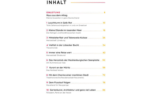 Inhaltsverzeichnisseite mit der Überschrift "INHALT" oben, darunter nummerierte Einträge mit Titeln links und Seitennummern rechts; einzelne Einträge farbig hervorgehoben