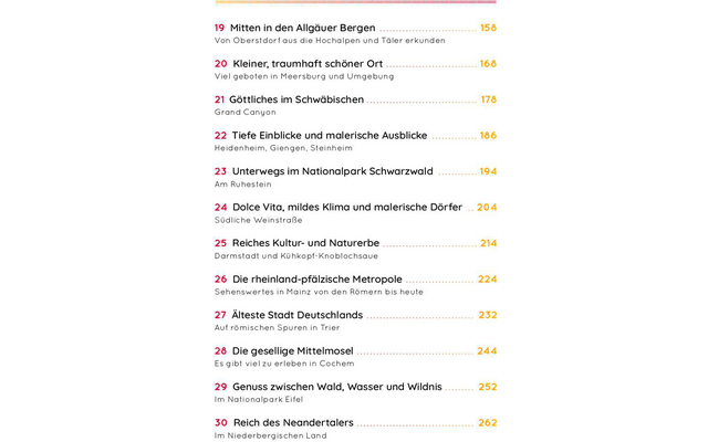Liste mit nummerierten Einträgen 19–30, Titeln, kurzen Untertiteln und rechtsstehenden Seitenzahlen; schmaler vertikaler Streifen mit Miniaturfotos rechts