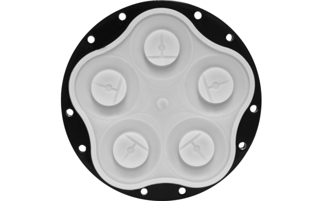 Pièce ronde avec bord noir et intérieur blanc, quatre cavités circulaires avec inserts en forme de trou de serrure et une petite bosse ronde au centre
