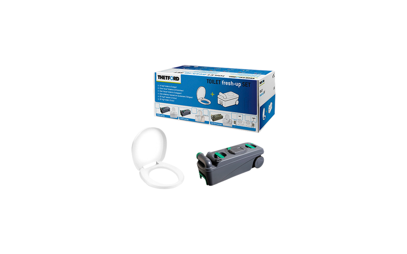 Verpackung eines Toilette Fresh-up Sets mit Toilettensitz und Spülmechanik