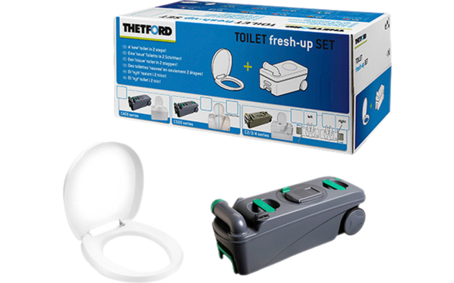 Verpackung eines Toilette Fresh-up Sets mit Toilettensitz und Spülmechanik