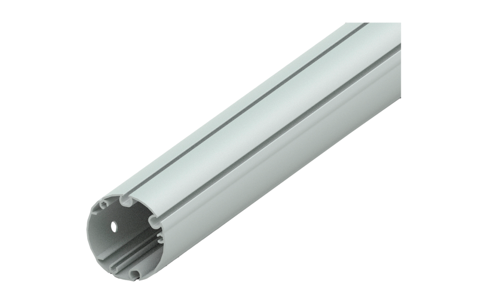 Nahaufnahme eines silberfarbenen, runden Metallrohrs mit Löchern an einem Ende