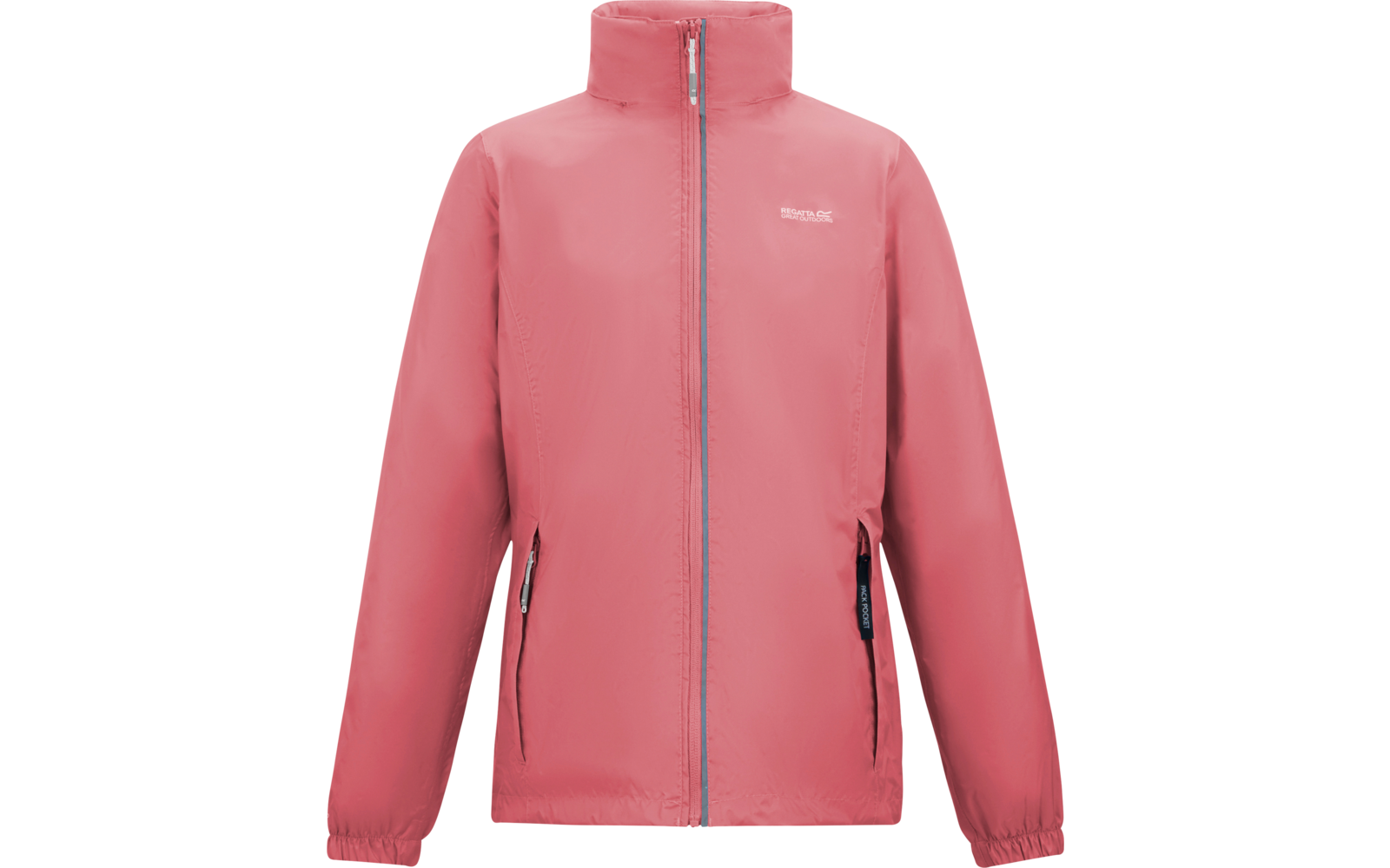 Rosa/korallfarbene Jacke mit Stehkragen, Frontreißverschluss, zwei seitlichen Reißverschlusstaschen, elastischen Bündchen und kleinem weißen Logo auf der Brust