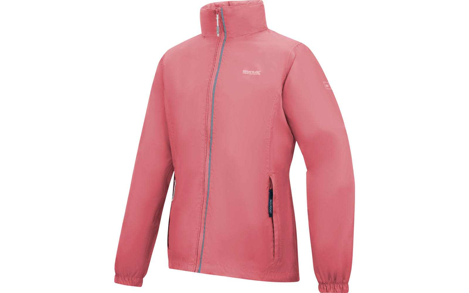 Rosa Jacke mit durchgehendem Reißverschluss, Stehkragen, langen Ärmeln mit Gummibündchen, zwei seitlichen Reißverschlusstaschen und kleinem weißen Logo auf der Brust