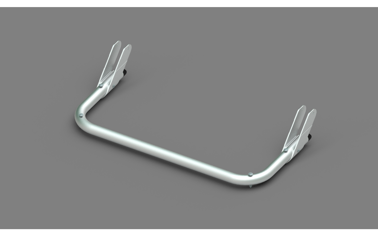 U-vormige zilverkleurige metalen staaf met twee bevestigde montagebeugels op een grijze achtergrond