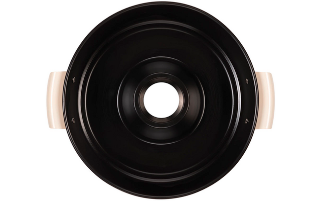 Draufsicht auf rundes schwarzes Objekt mit zentraler runder Öffnung und zwei hellbeigen Griffen seitlich