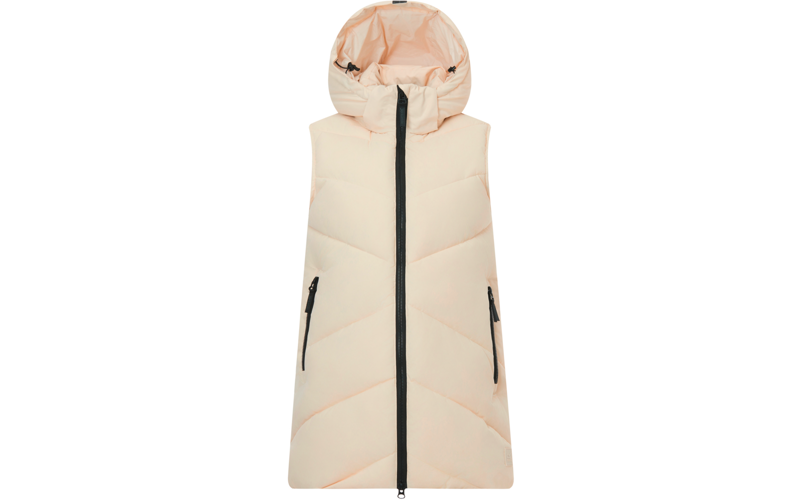 Smanicato trapuntato con cappuccio colore rosa chiaro, cerniera frontale nera e due tasche con zip oblique
