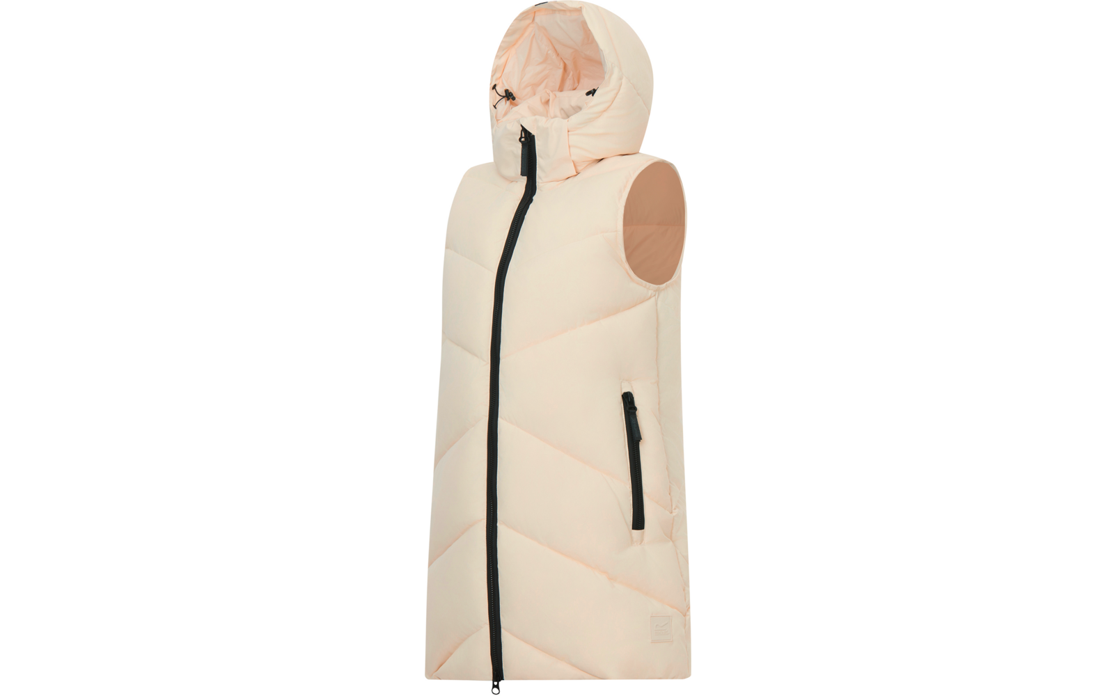 Gilet imbottito senza maniche con cappuccio, rosa chiaro/pesca, con cerniera centrale nera e tasca laterale con zip nera