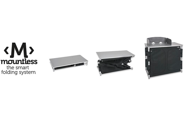 À gauche un logo 'mountless' avec le texte 'the smart folding system'. À côté, trois vues du produit : une plateforme rectangulaire argentée et plate, au centre la même plateforme relevée sur des supports noirs en X, à droite une housse en tissu noir avec renforts métalliques argentés et une plaque supérieure argentée avec des ouvertures circulaires