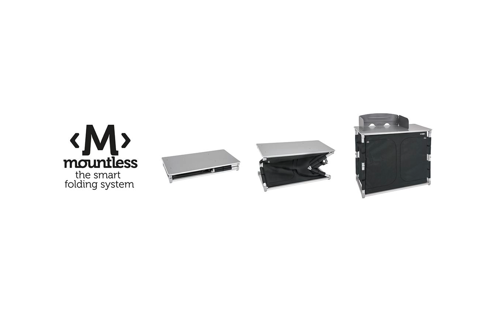 À gauche un logo 'mountless' avec le texte 'the smart folding system'. À côté, trois vues du produit : une plateforme rectangulaire argentée et plate, au centre la même plateforme relevée sur des supports noirs en X, à droite une housse en tissu noir avec renforts métalliques argentés et une plaque supérieure argentée avec des ouvertures circulaires