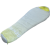 Light blue mummy sleeping bag with yellow-green lining and geometric pattern on a white background