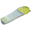 Sleeping bag with hood, light gray exterior, lime-green interior, zipper partially open