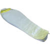 Light blue mummy-shaped sleeping bag with yellow patterned foot area, open hood, and white lettering at the foot end