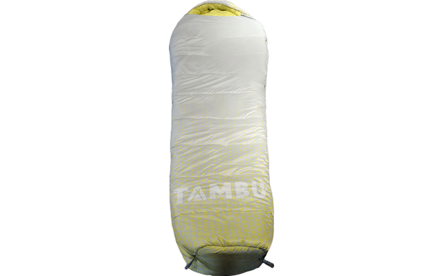 Mummy-shaped sleeping bag with white upper section, yellow patterned foot area, open hood with yellow interior, drawcords at the foot
