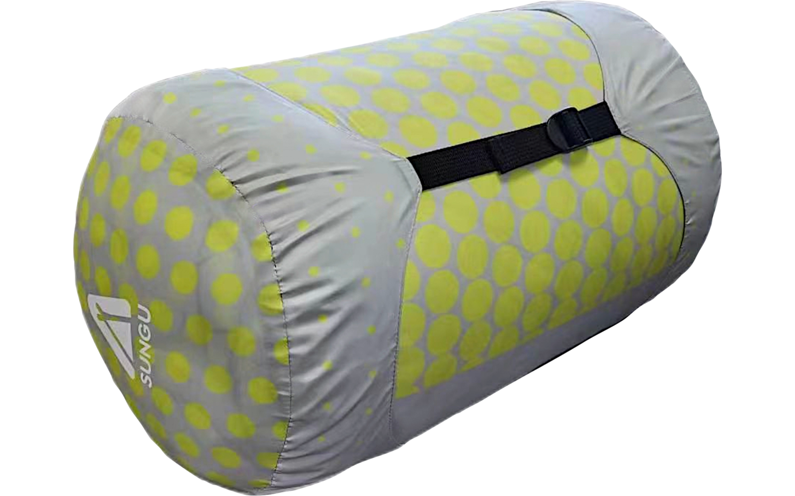 Cylindrical gray fabric bag with yellow polka dots, black strap and buckle, white logo, on white background