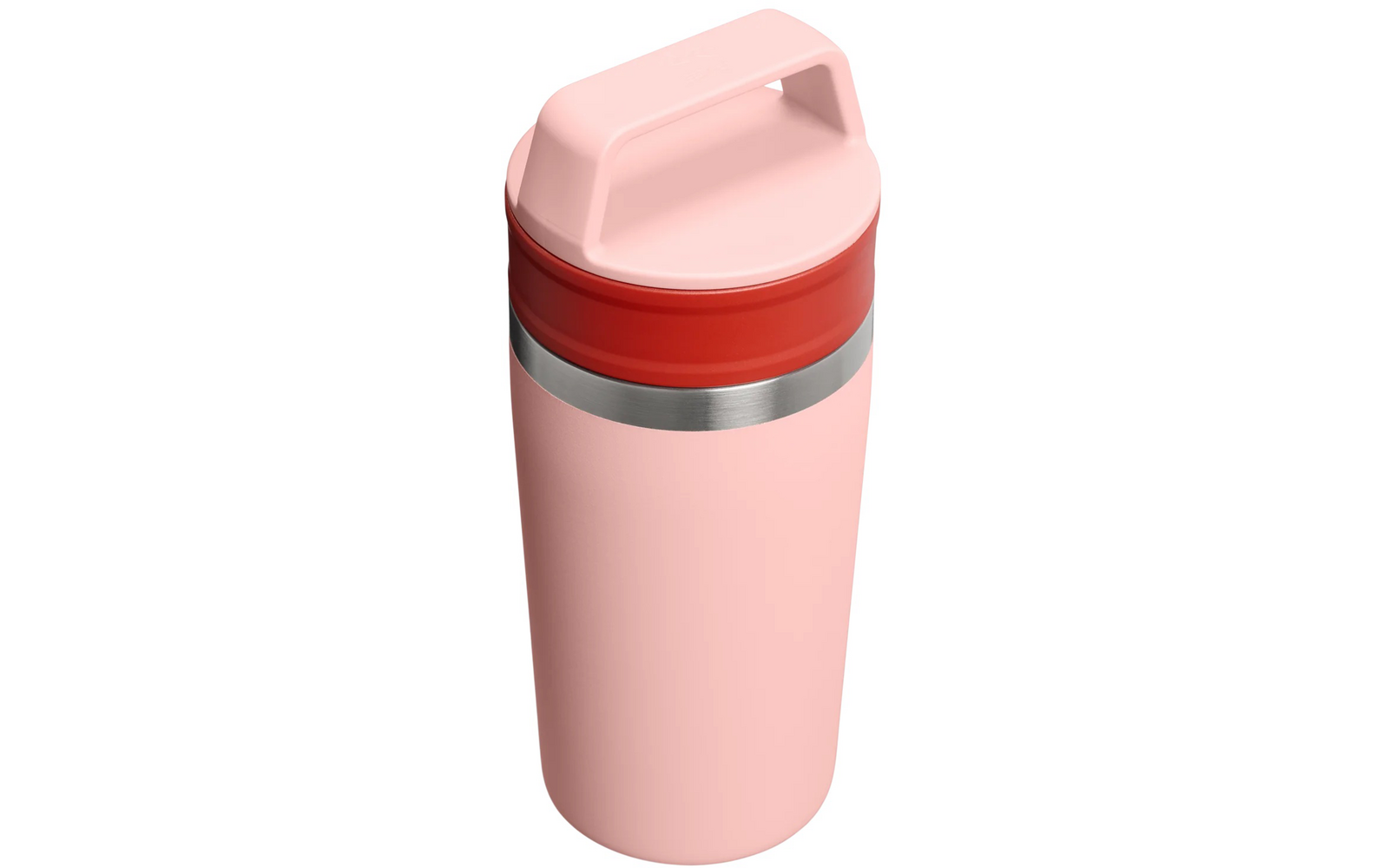 Rosa Becher mit Deckel und integriertem Griff, roter Ring unter dem Deckel und silberner Metallring am Körper