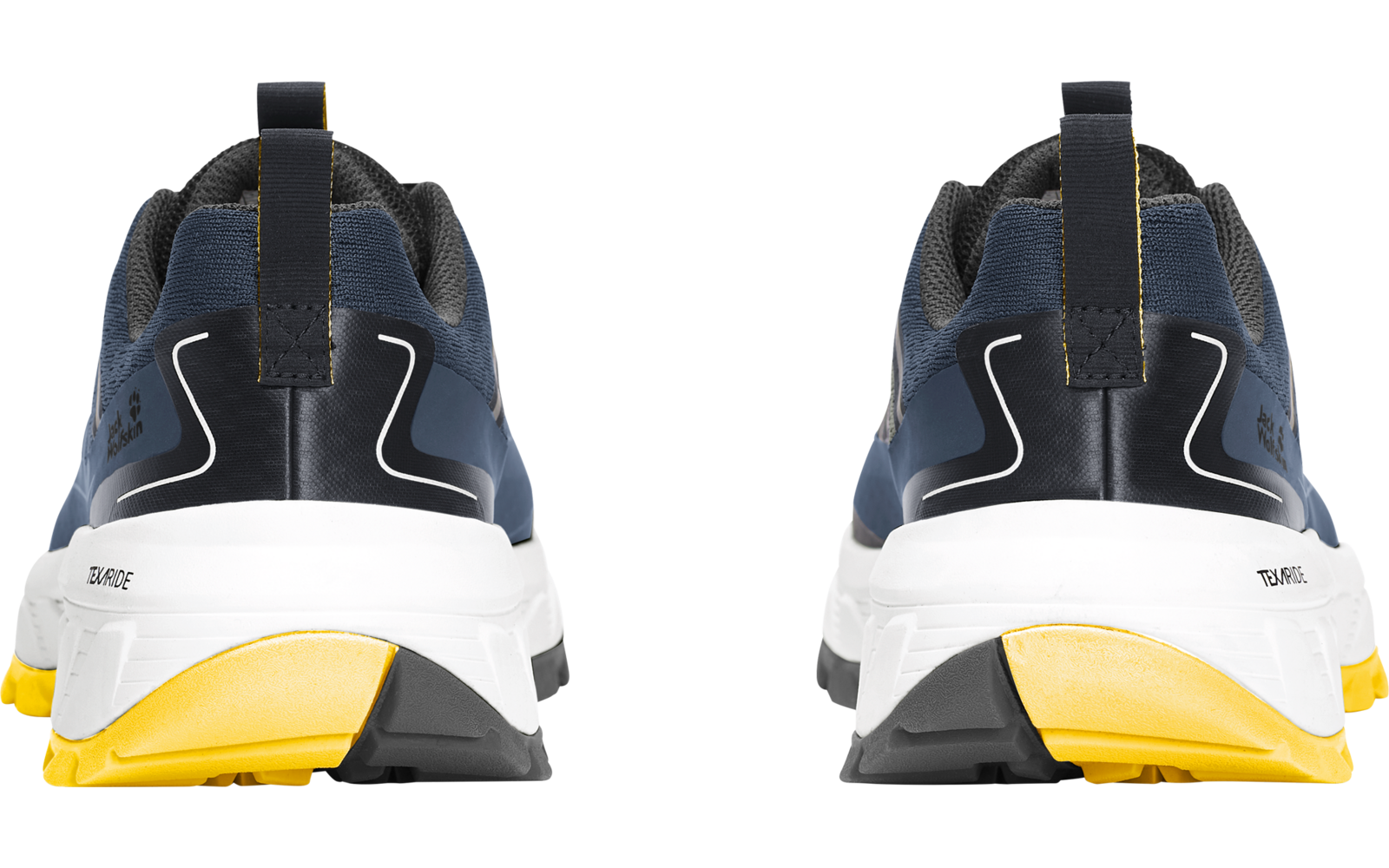 Achteraanzicht van twee donkerblauwe sportschoenen naast elkaar met witte tussenzolen en gele buitenzolen