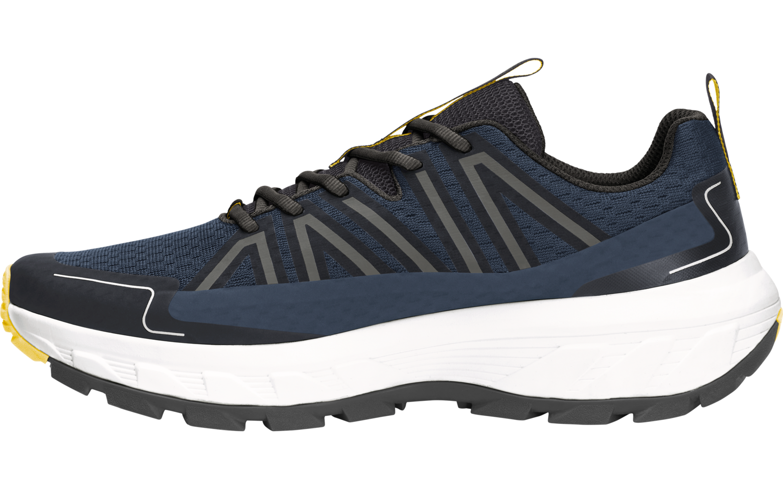 Donkerblauwe sneaker met dikke witte zool, zwarte veters, gele accenten, hiellus en zwarte profielzool