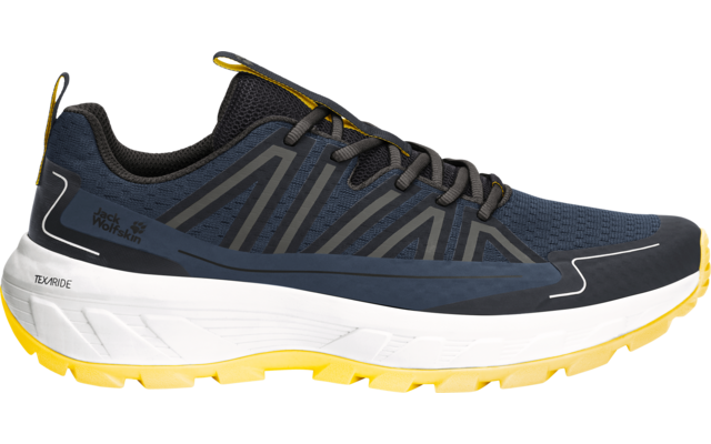 Zijaanzicht van een enkele donkerblauwe sportschoen met bovenwerk van mesh, grijze overlays, veters, dikke witte tussenzool en gele buitenzool