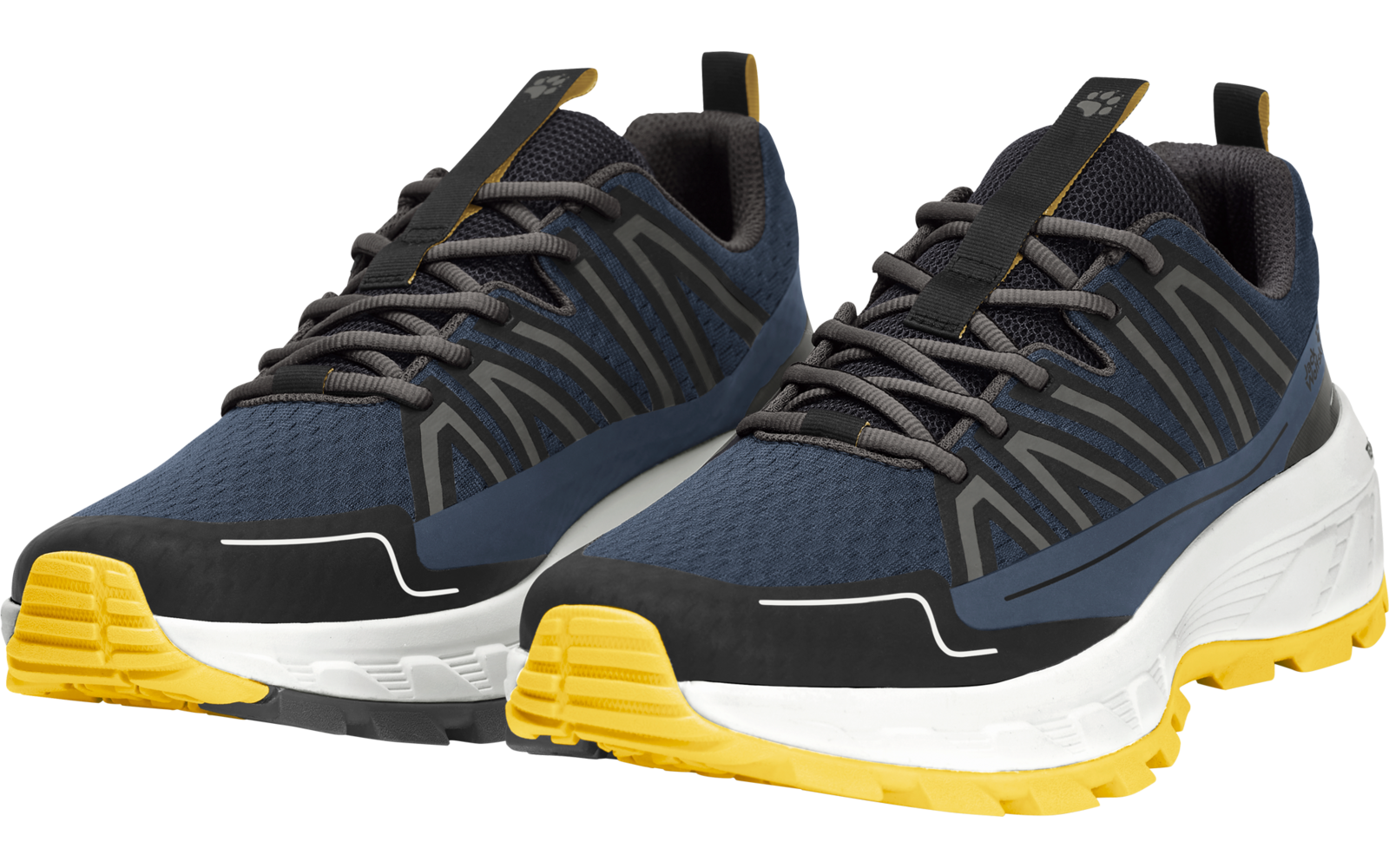 Paar blauw-zwarte schoenen met grijze veters, witte tussenzool en gele zolen, naast elkaar, schuin van voren zichtbaar