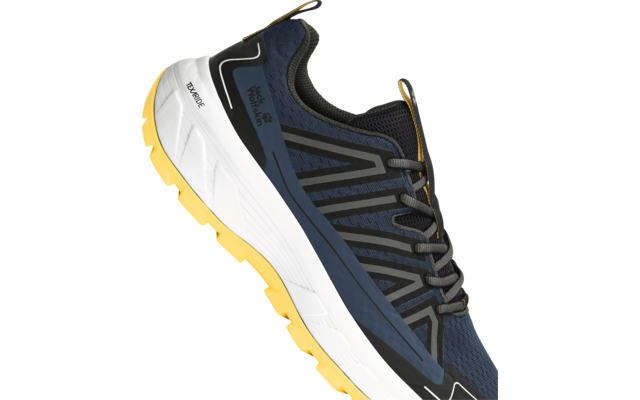 Zijaanzicht van een blauwe hardloopschoen met grijze veters, zwarte overlays, witte tussenzool en gele buitenzool