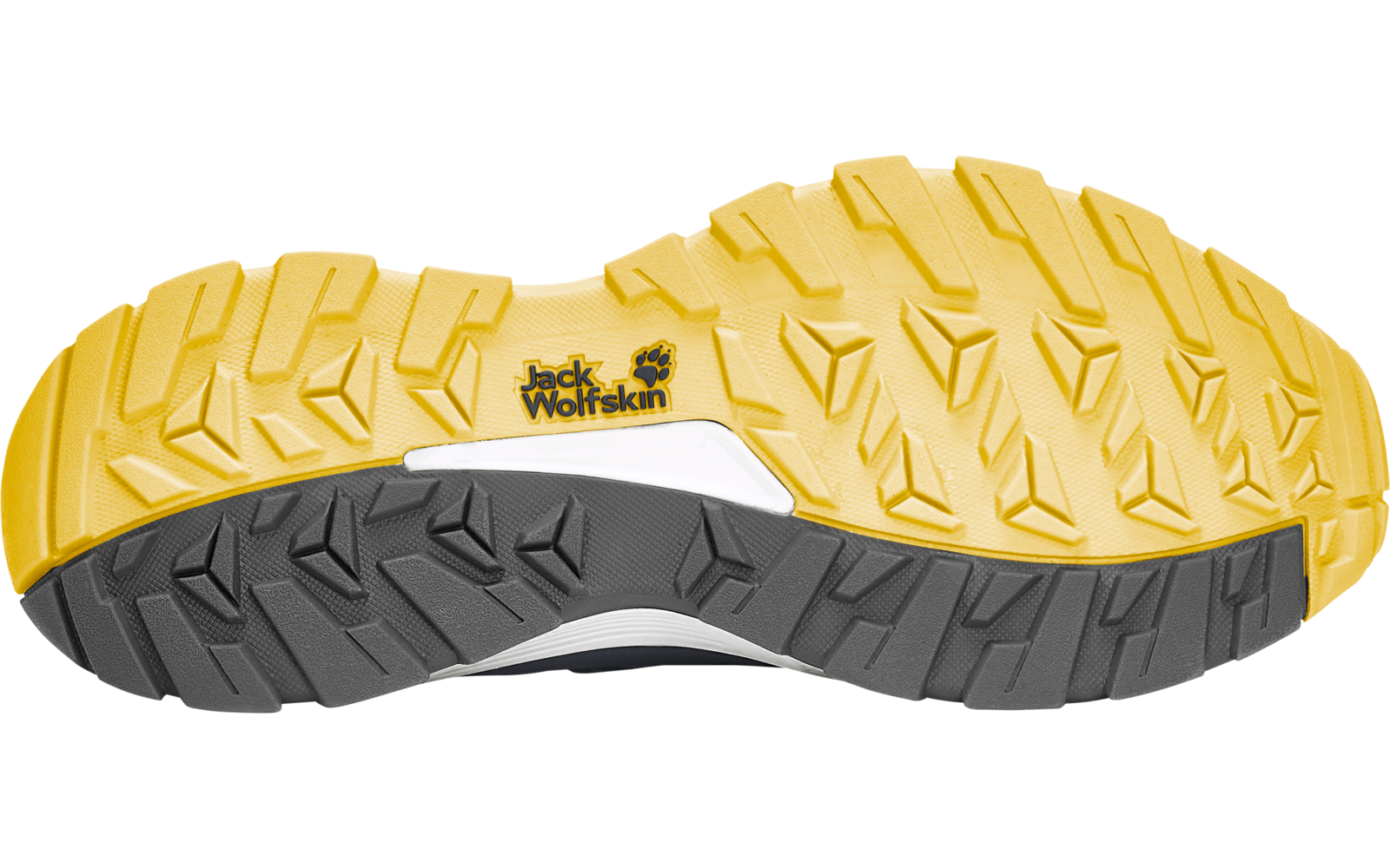 Onderzijde van een schoenzool met geel en grijs profiel en 'Jack Wolfskin'-logo