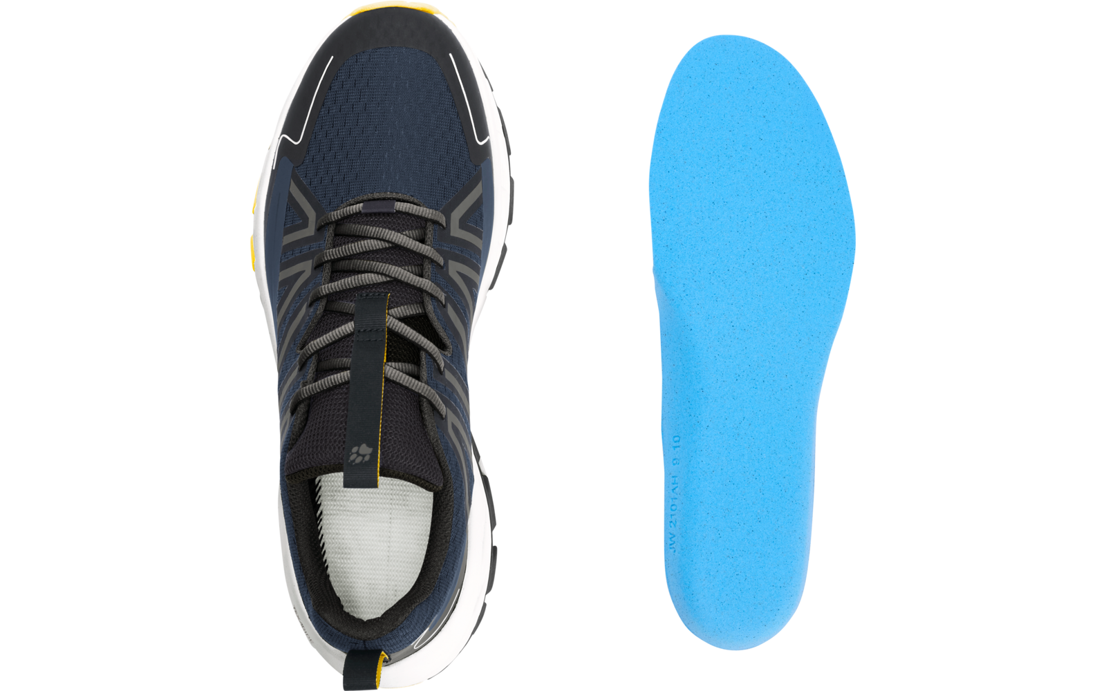 Bovenaanzicht van een donkerblauwe schoen met veters links; rechts een blauwe inlegzool