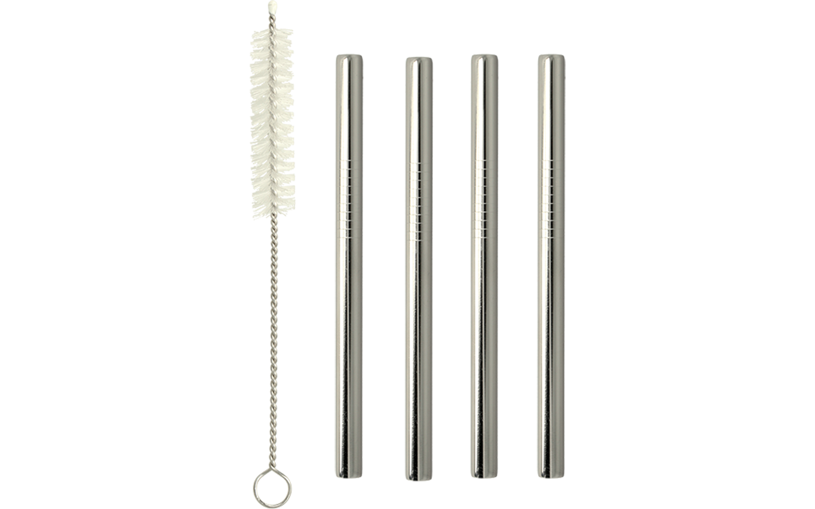 Vier silberne Metalltrinkhalme und links eine Reinigungsbürste mit weißen Borsten und gedrehtem Drahtgriff mit Ring