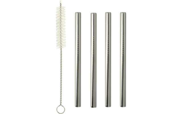 Vier silberne Metalltrinkhalme und links eine Reinigungsbürste mit weißen Borsten und gedrehtem Drahtgriff mit Ring