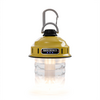 Gelbe Campinglampe mit schwarzem Schraubverschluss, grauem Karabiner oben, BAREBONES-Logo vorn und transparentem, leuchtendem unteren Teil