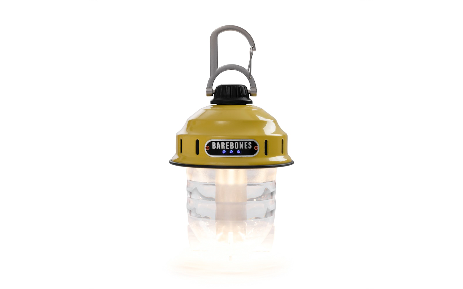 Gelbe Campinglampe mit schwarzem Schraubverschluss, grauem Karabiner oben, BAREBONES-Logo vorn und transparentem, leuchtendem unteren Teil