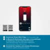 Smartphone met rood scherm en wit telefoonsymbool, twee QR-codes linksonder, tekst en knoppen op een witte achtergrond