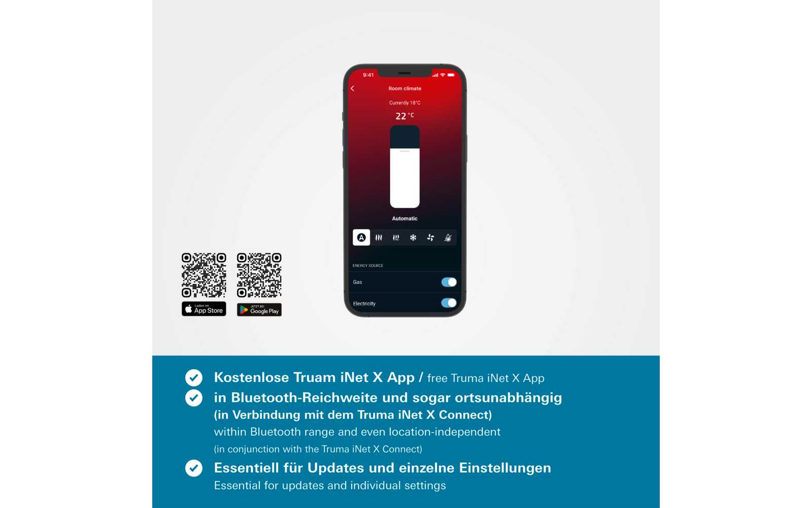 Smartphone met rood scherm en wit telefoonsymbool, twee QR-codes linksonder, tekst en knoppen op een witte achtergrond