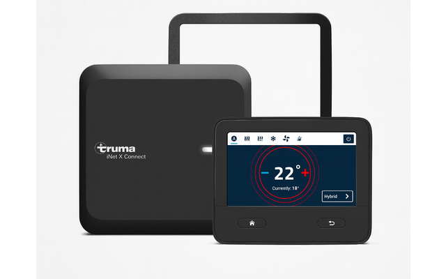 Twee zwarte elektronische apparaten, één met het label 'Truma iNet X Connect', de ander met een display dat -22 graden toont